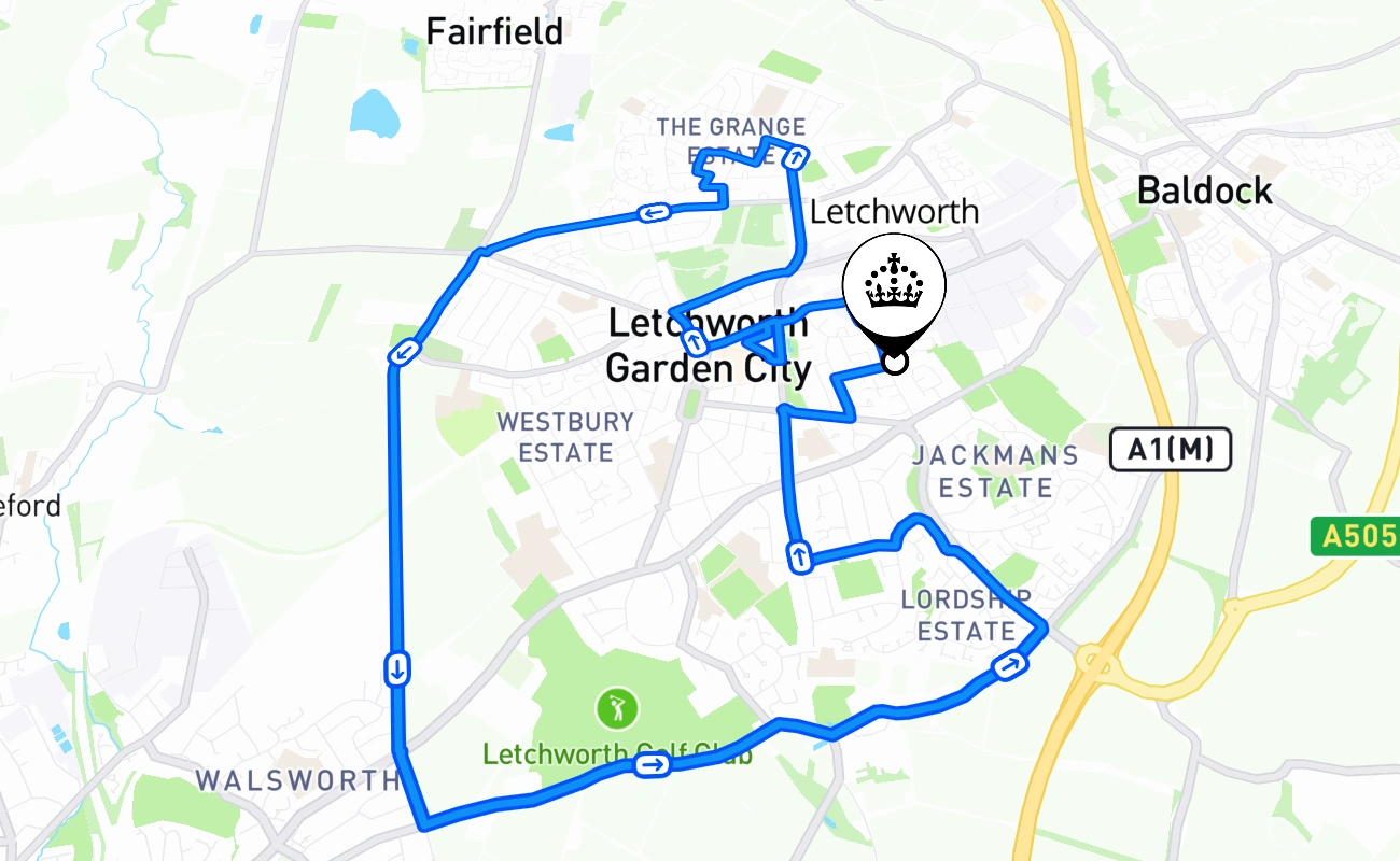 Letchworth driving test route #1339 map - ENG United Kingdom