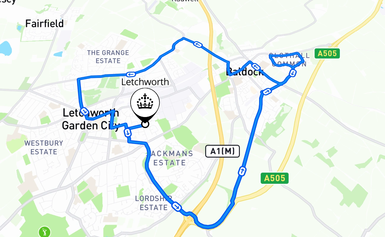 Letchworth driving test route #1367 map - ENG United Kingdom