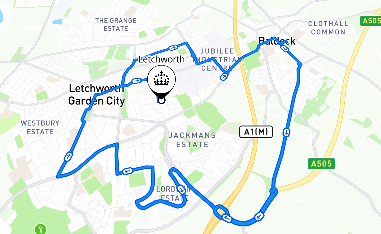 Letchworth driving test route #1369 map - ENG United Kingdom