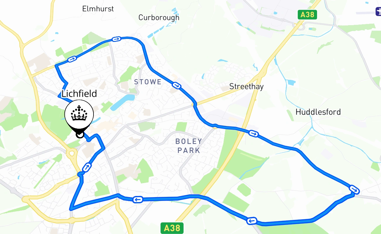 Lichfield driving test route #1344 map - ENG United Kingdom