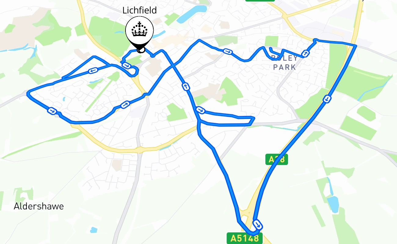 Lichfield driving test route #1347 map - ENG United Kingdom