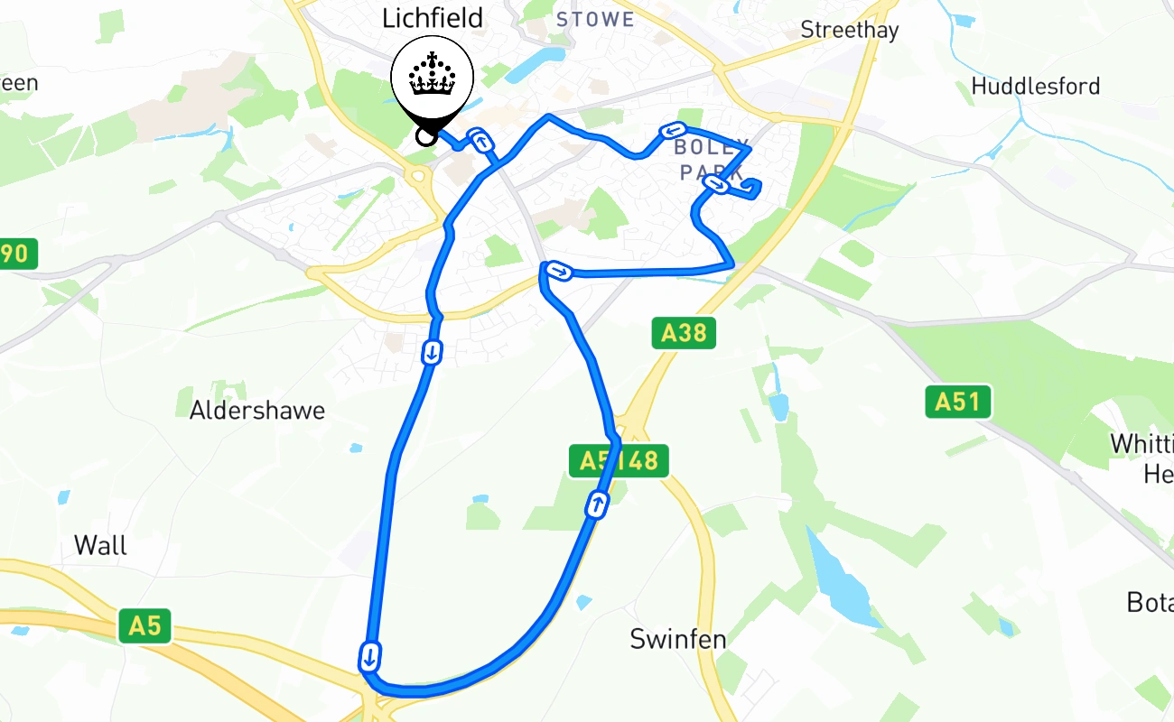 Lichfield driving test route #1348 map - ENG United Kingdom
