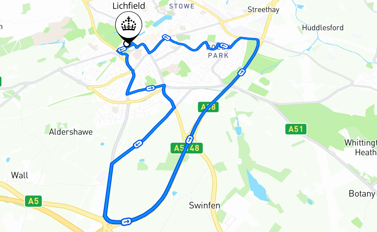 Lichfield driving test route #1350 map - ENG United Kingdom