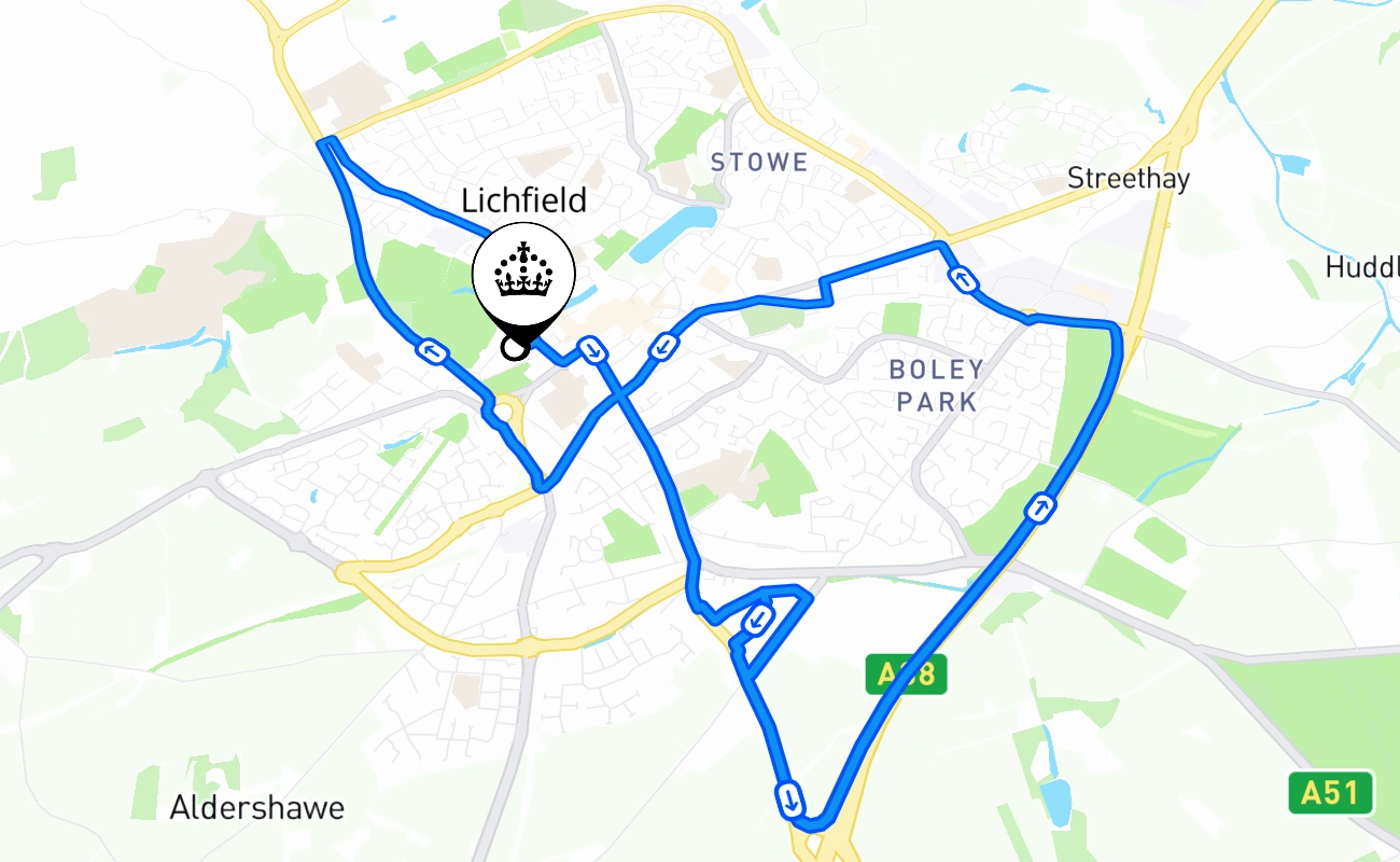 Lichfield driving test route #1351 map - ENG United Kingdom