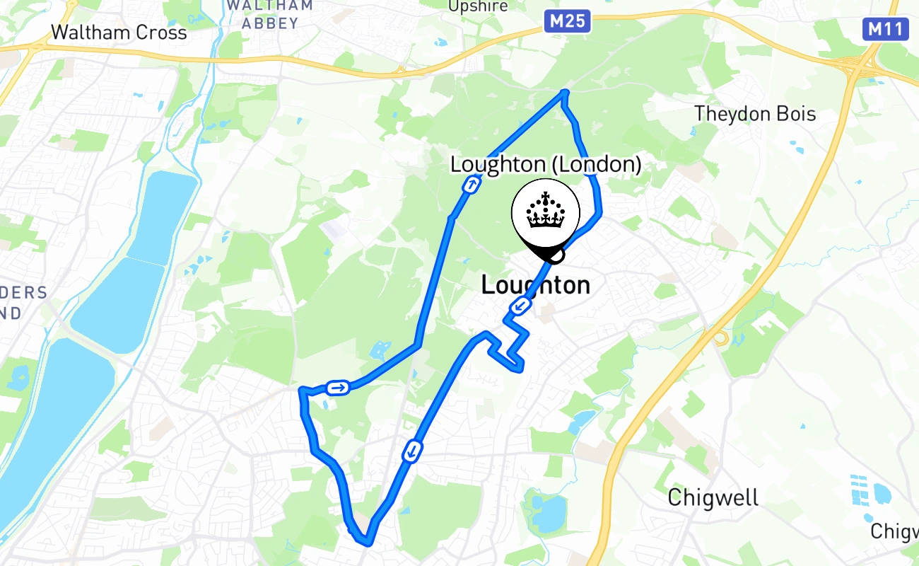 Loughton (London) driving test route #490 map - ENG United Kingdom