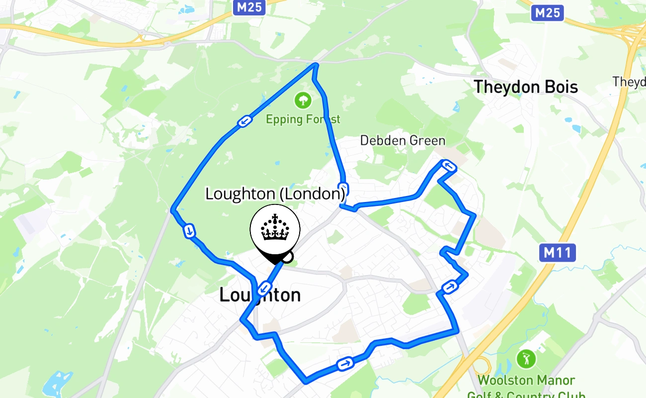 Loughton (London) driving test route #491 map - ENG United Kingdom