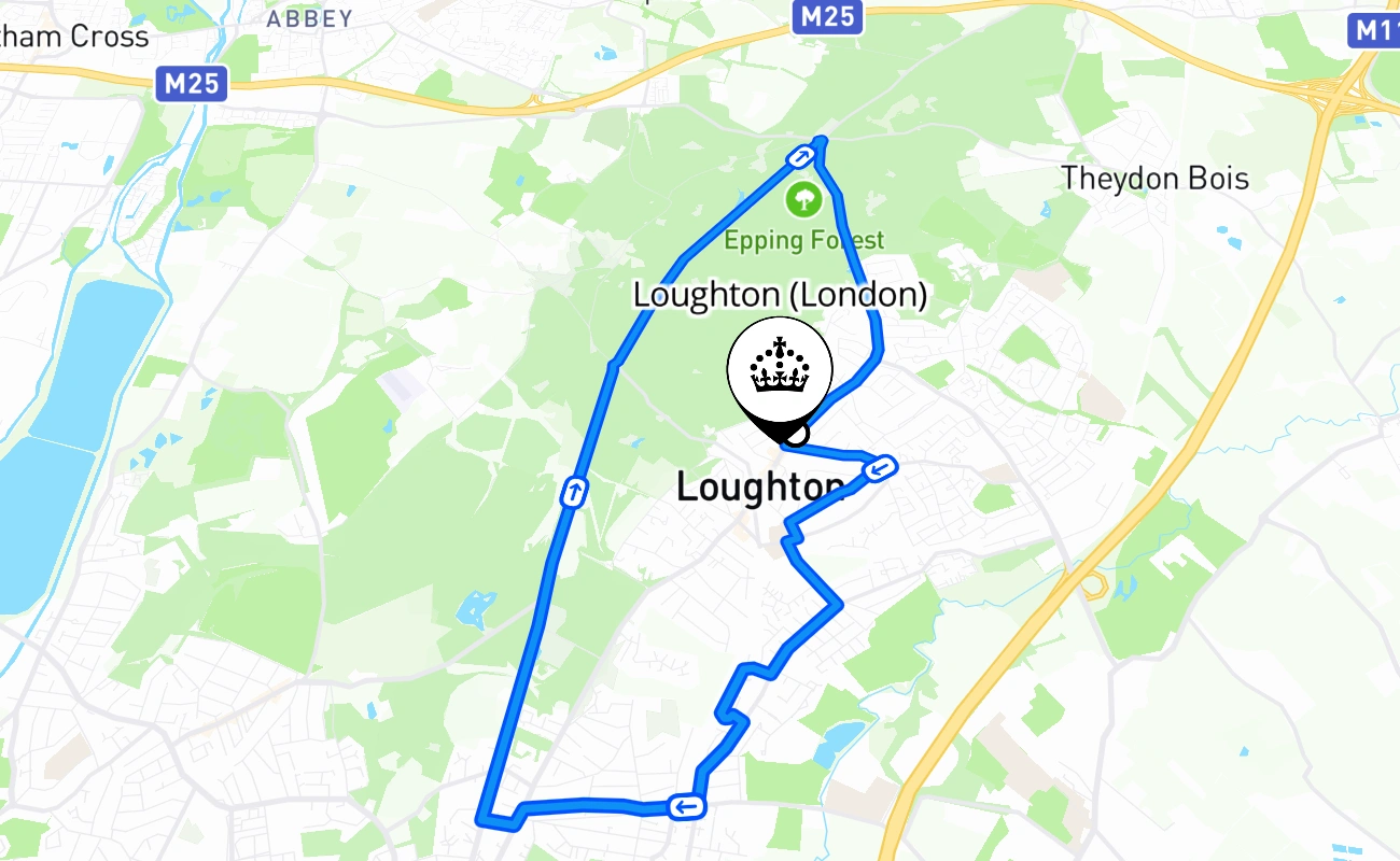 Loughton (London) driving test route #492 map - ENG United Kingdom