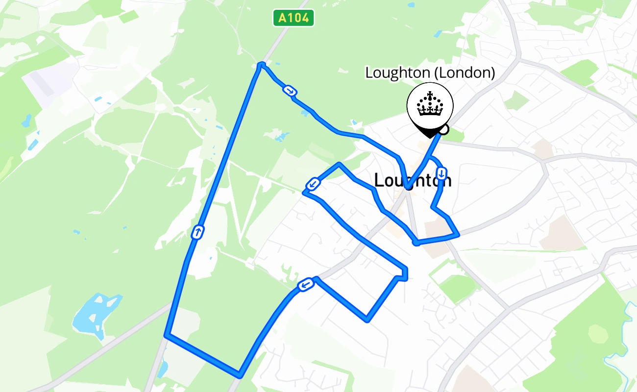 Loughton (London) driving test route #493 map - ENG United Kingdom