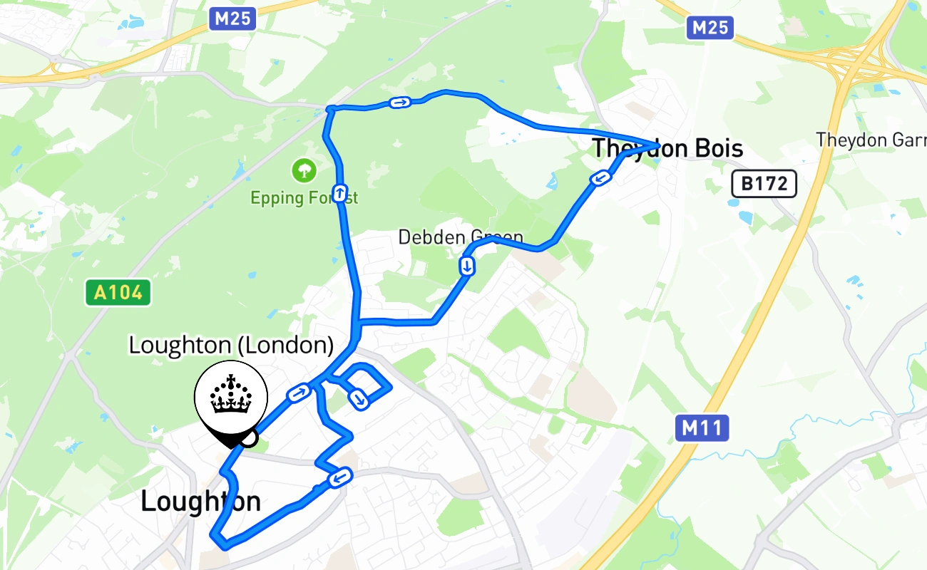 Loughton (London) driving test route #494 map - ENG United Kingdom