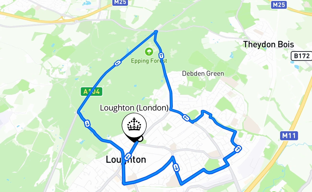 Loughton (London) driving test route #496 map - ENG United Kingdom