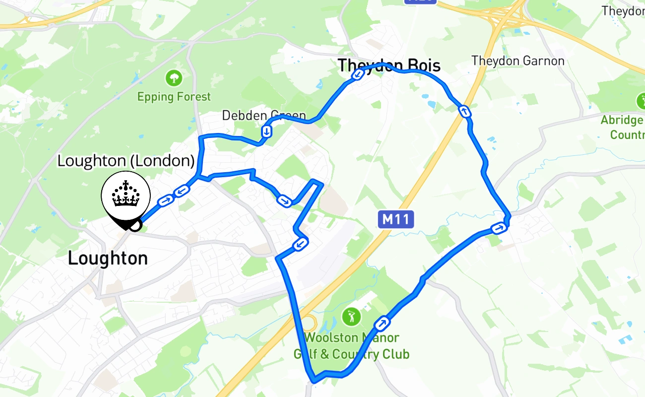 Loughton (London) driving test route #497 map - ENG United Kingdom