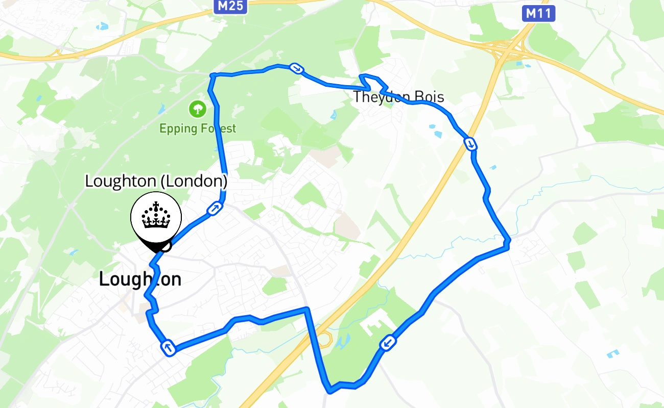 Loughton (London) driving test route #498 map - ENG United Kingdom