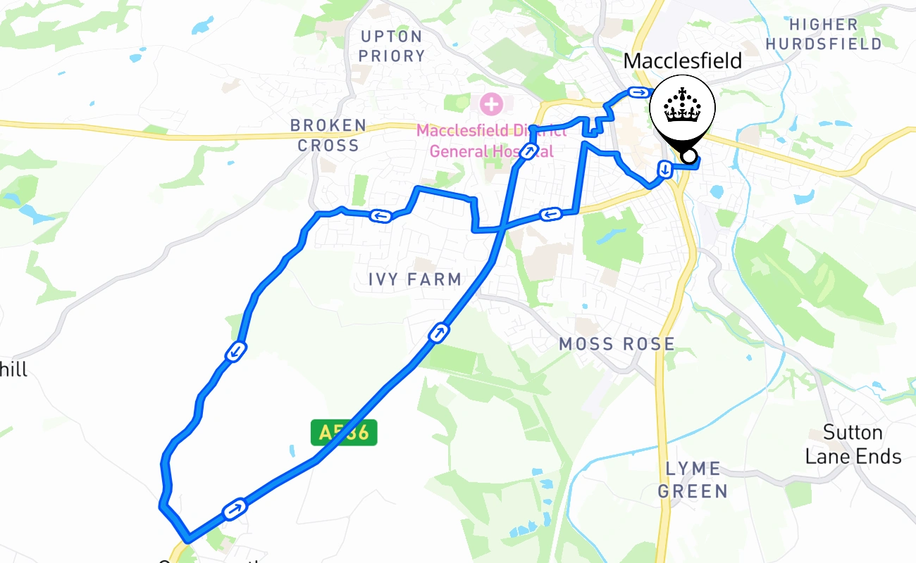 Macclesfield driving test route #2094 map - ENG United Kingdom
