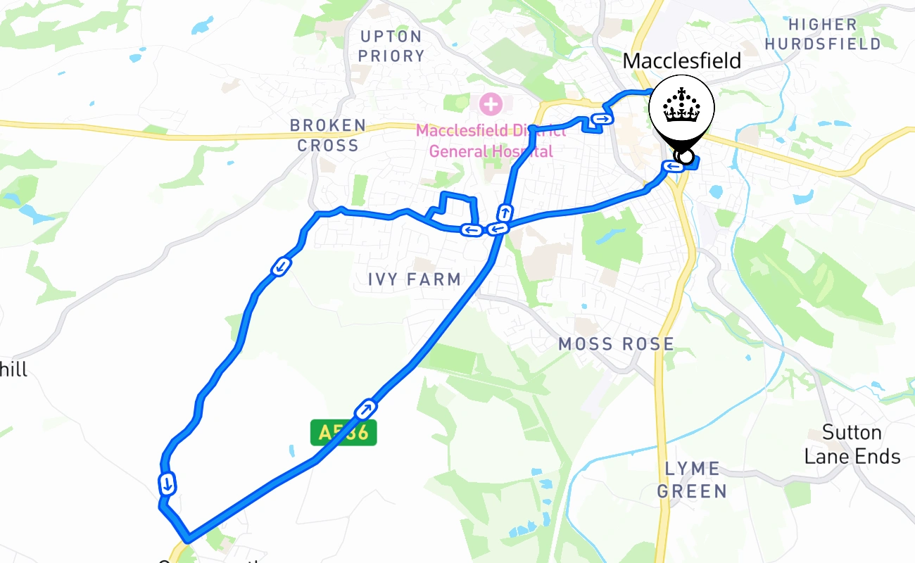 Macclesfield driving test route #2099 map - ENG United Kingdom