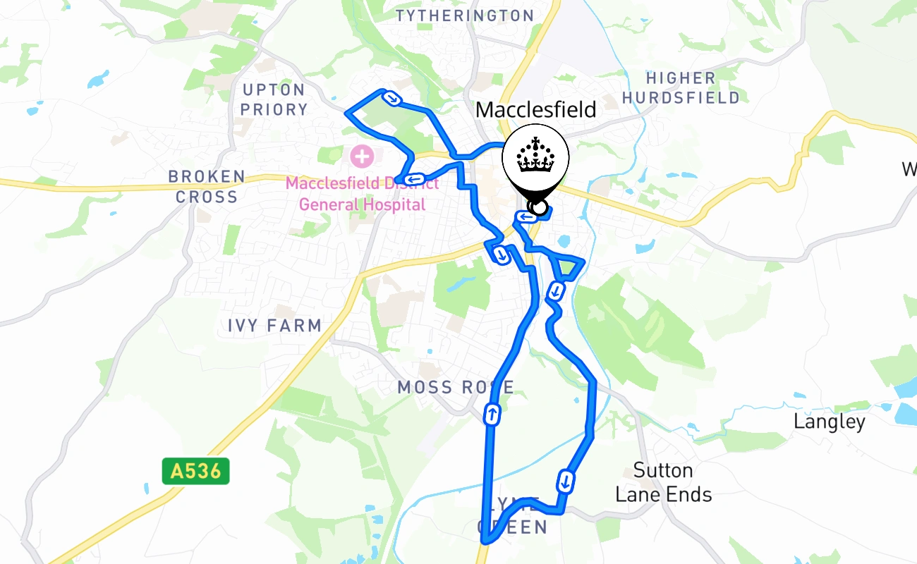 Macclesfield driving test route #2102 map - ENG United Kingdom