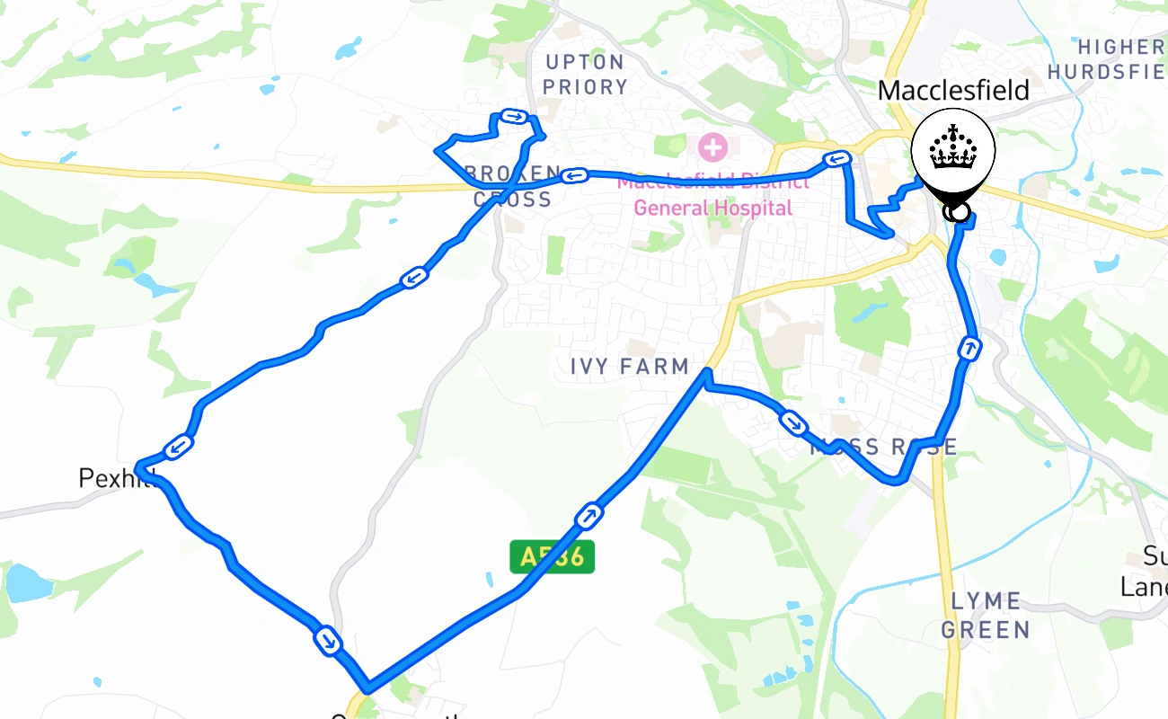 Macclesfield driving test route #2104 map - ENG United Kingdom