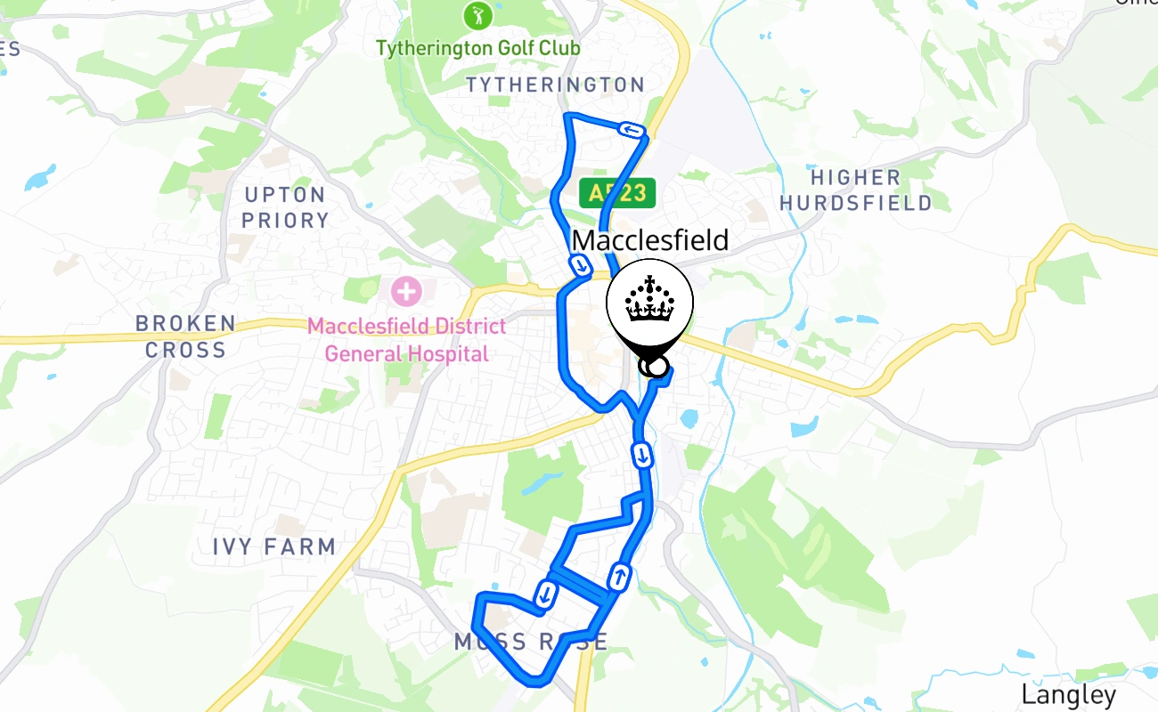 Macclesfield driving test route #2106 map - ENG United Kingdom