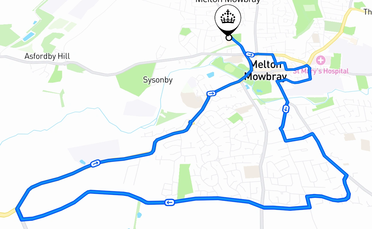 Melton Mowbray driving test route #2445 map - ENG United Kingdom