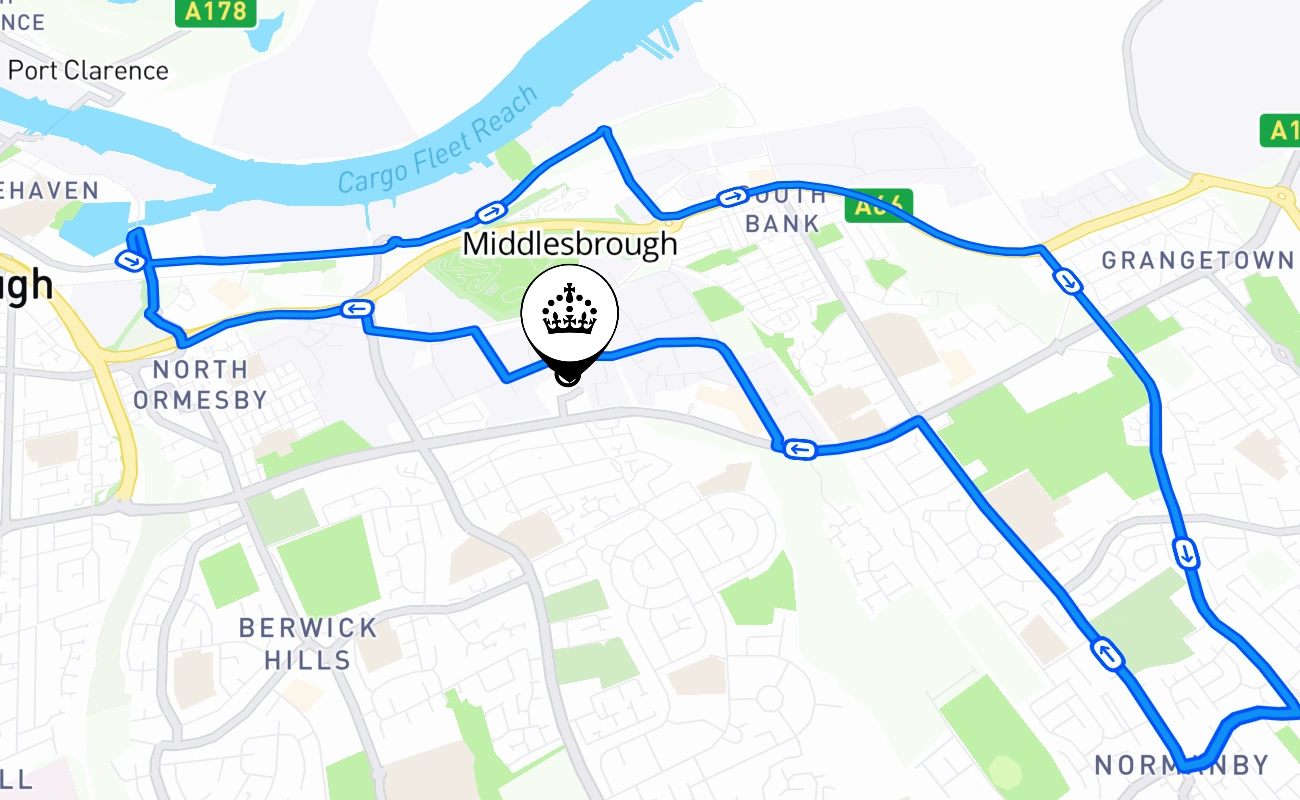 Middlesbrough driving test route #2438 map - ENG United Kingdom