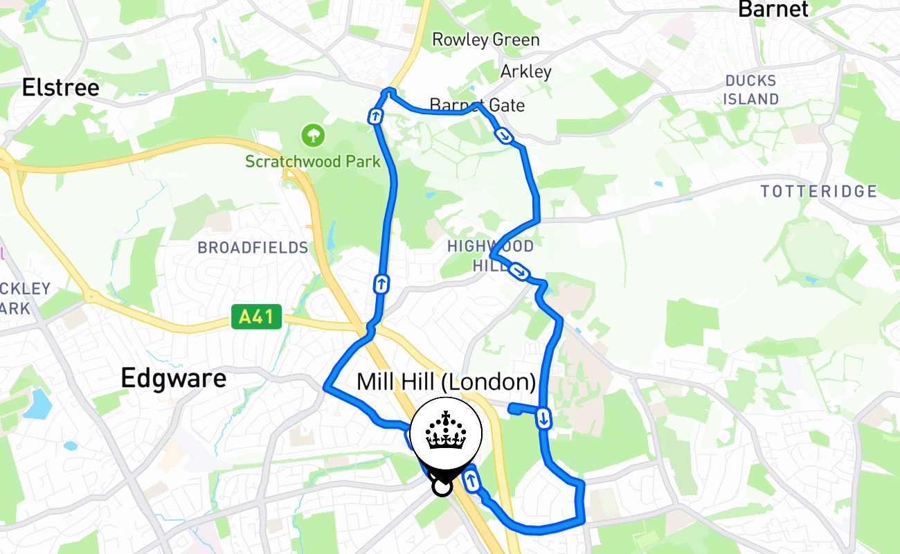 Mill Hill (London) driving test route #1793 map - ENG United Kingdom