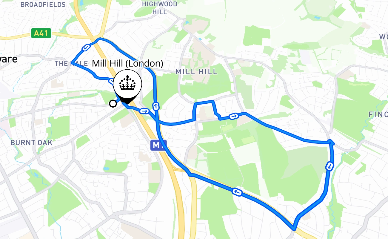 Mill Hill (London) driving test route #1794 map - ENG United Kingdom