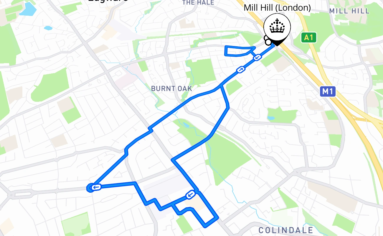 Mill Hill (London) driving test route #1795 map - ENG United Kingdom