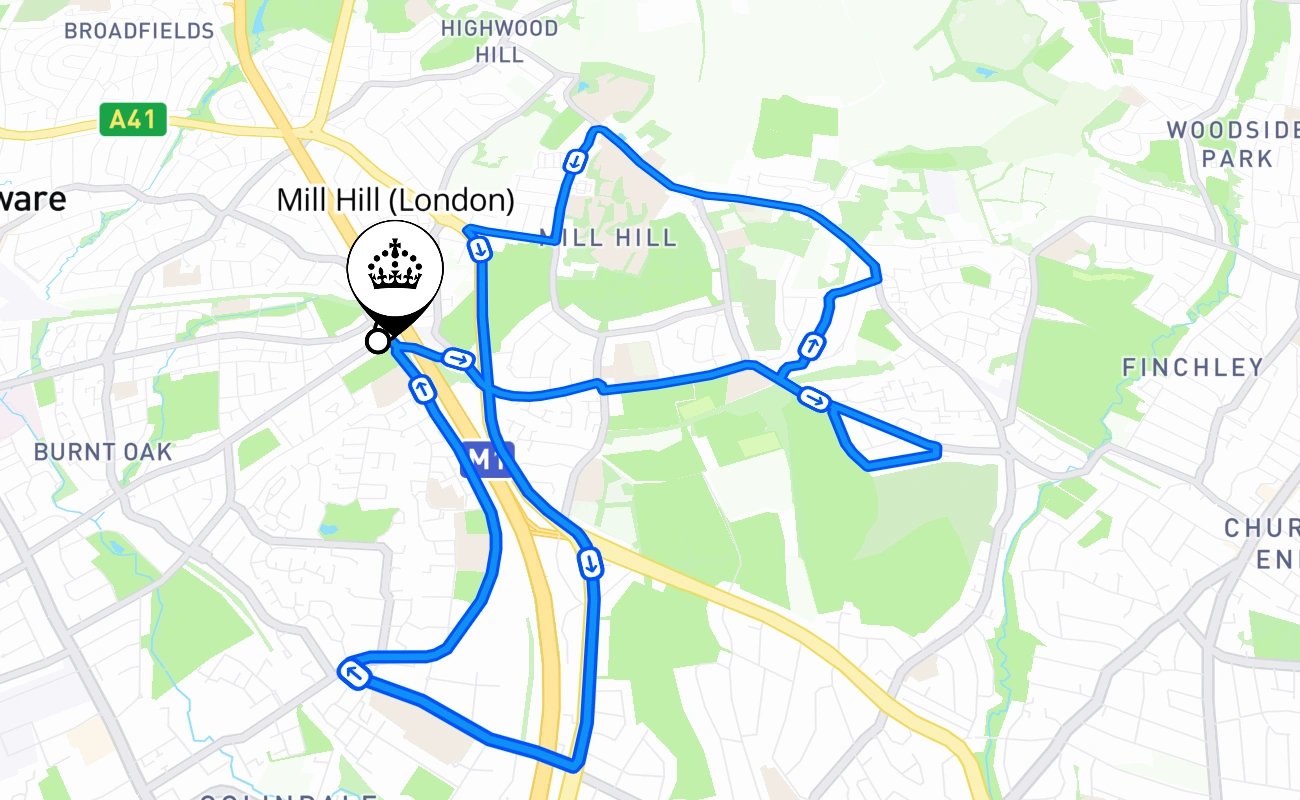 Mill Hill (London) driving test route #1796 map - ENG United Kingdom