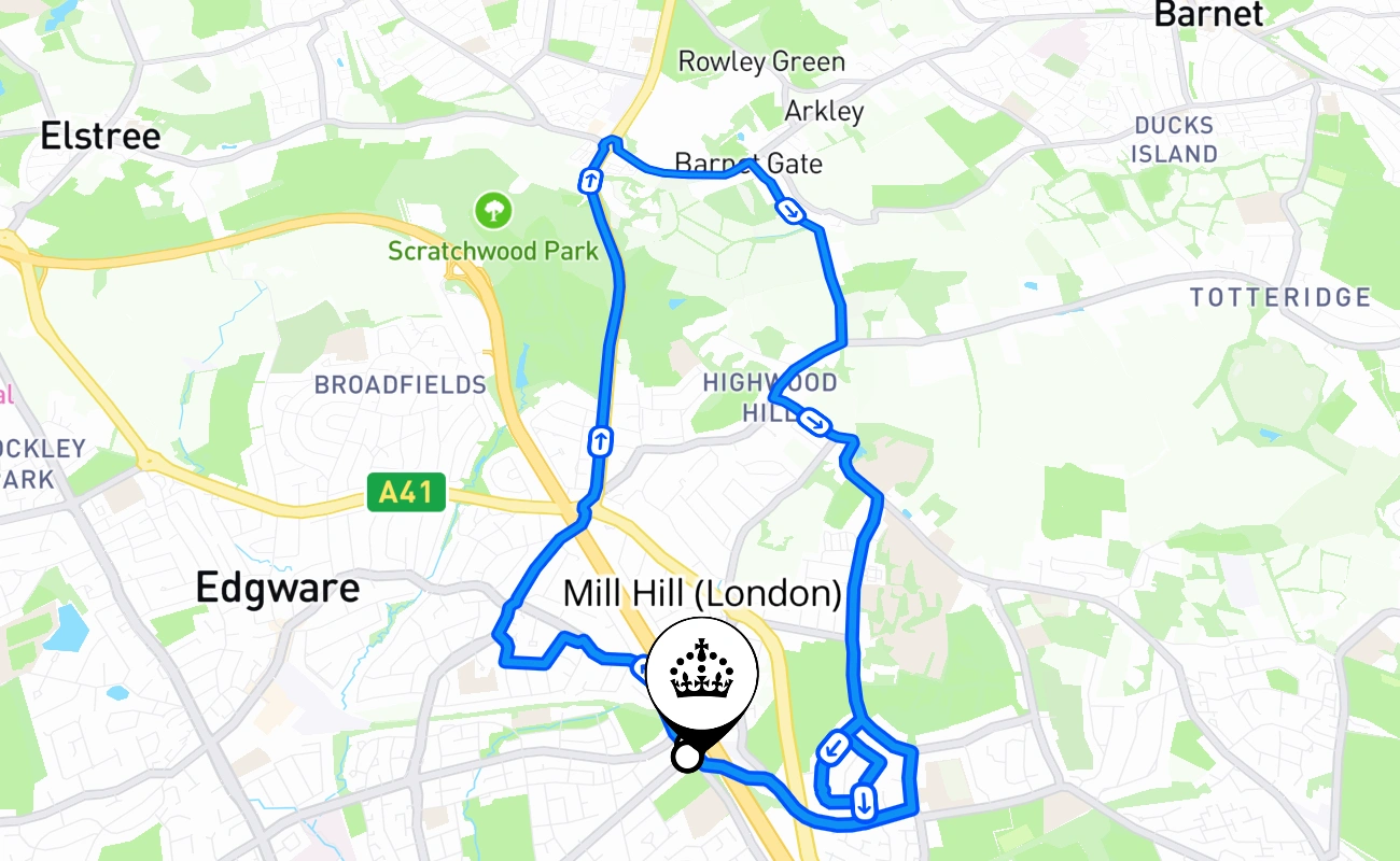 Mill Hill (London) driving test route #1797 map - ENG United Kingdom