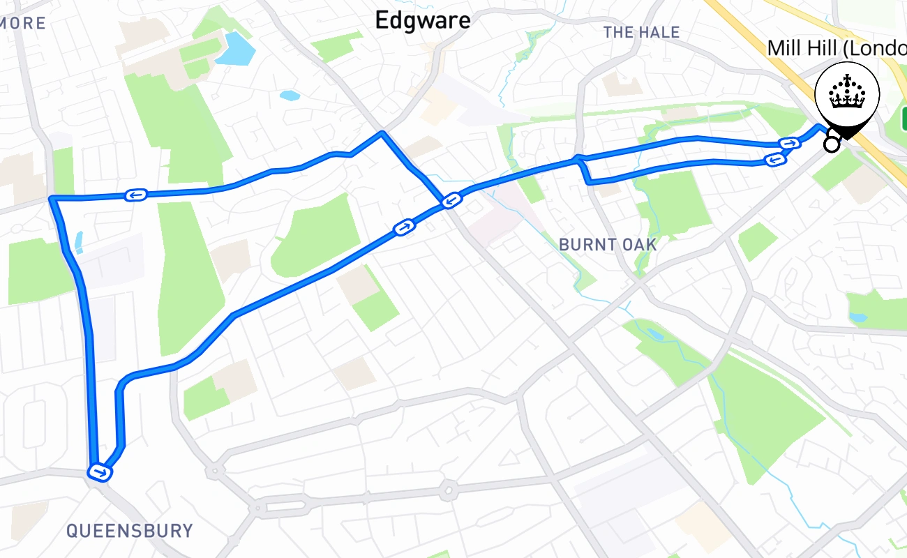 Mill Hill (London) driving test route #1800 map - ENG United Kingdom