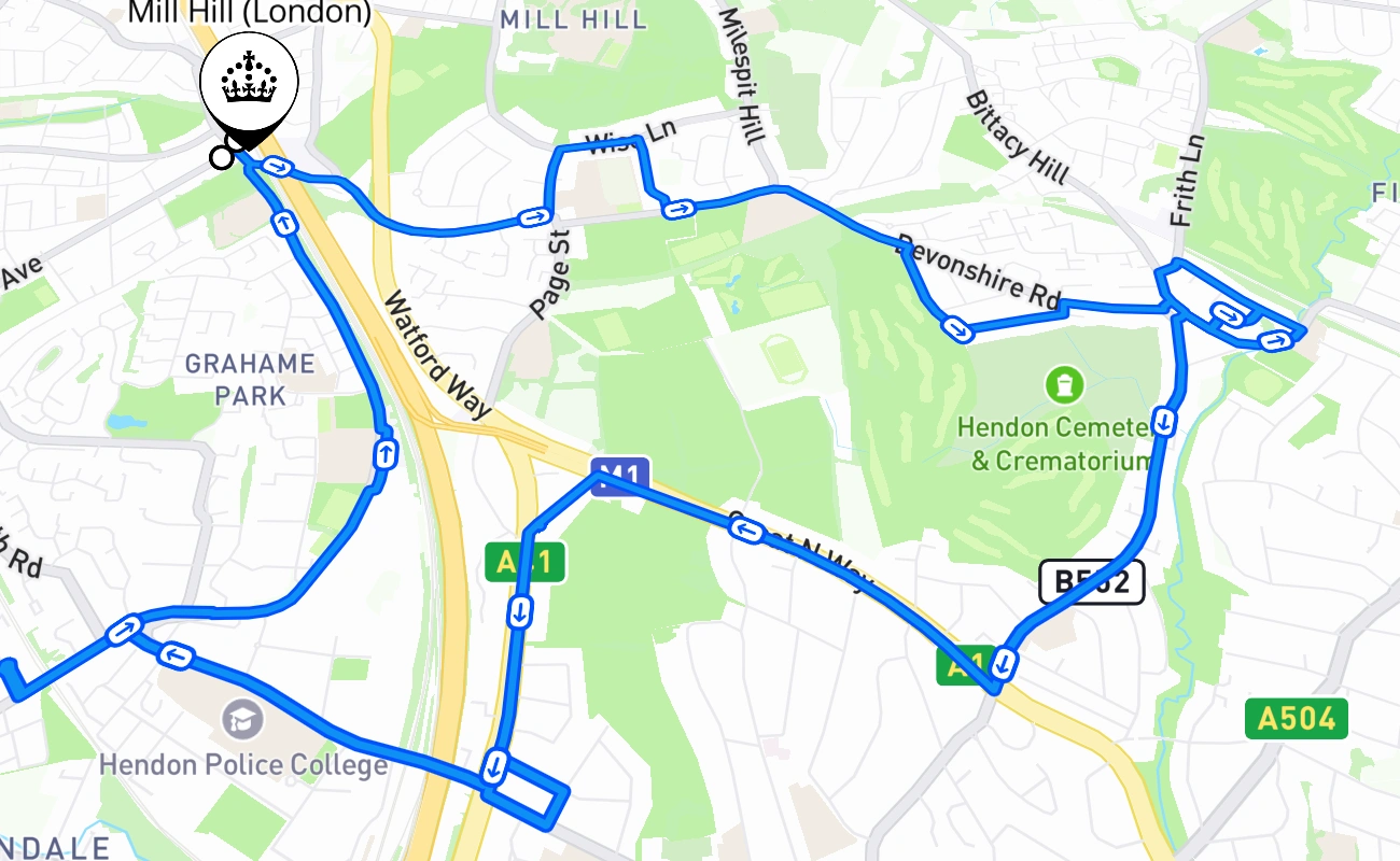 Mill Hill (London) driving test route #1801 map - ENG United Kingdom