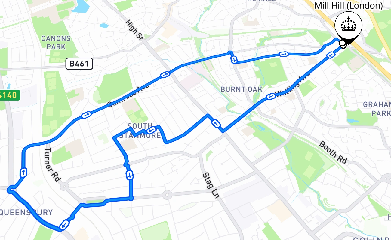 Mill Hill (London) driving test route #1803 map - ENG United Kingdom