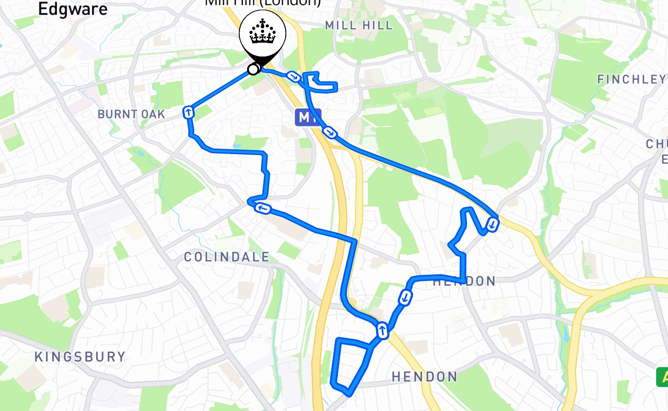 Mill Hill (London) driving test route #1804 map - ENG United Kingdom