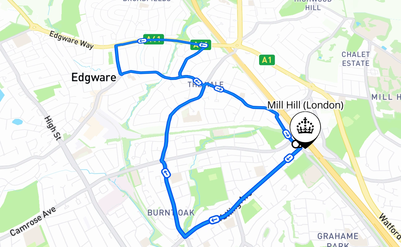 Mill Hill (London) 驾考路线 #1806 地图 - ENG 英国