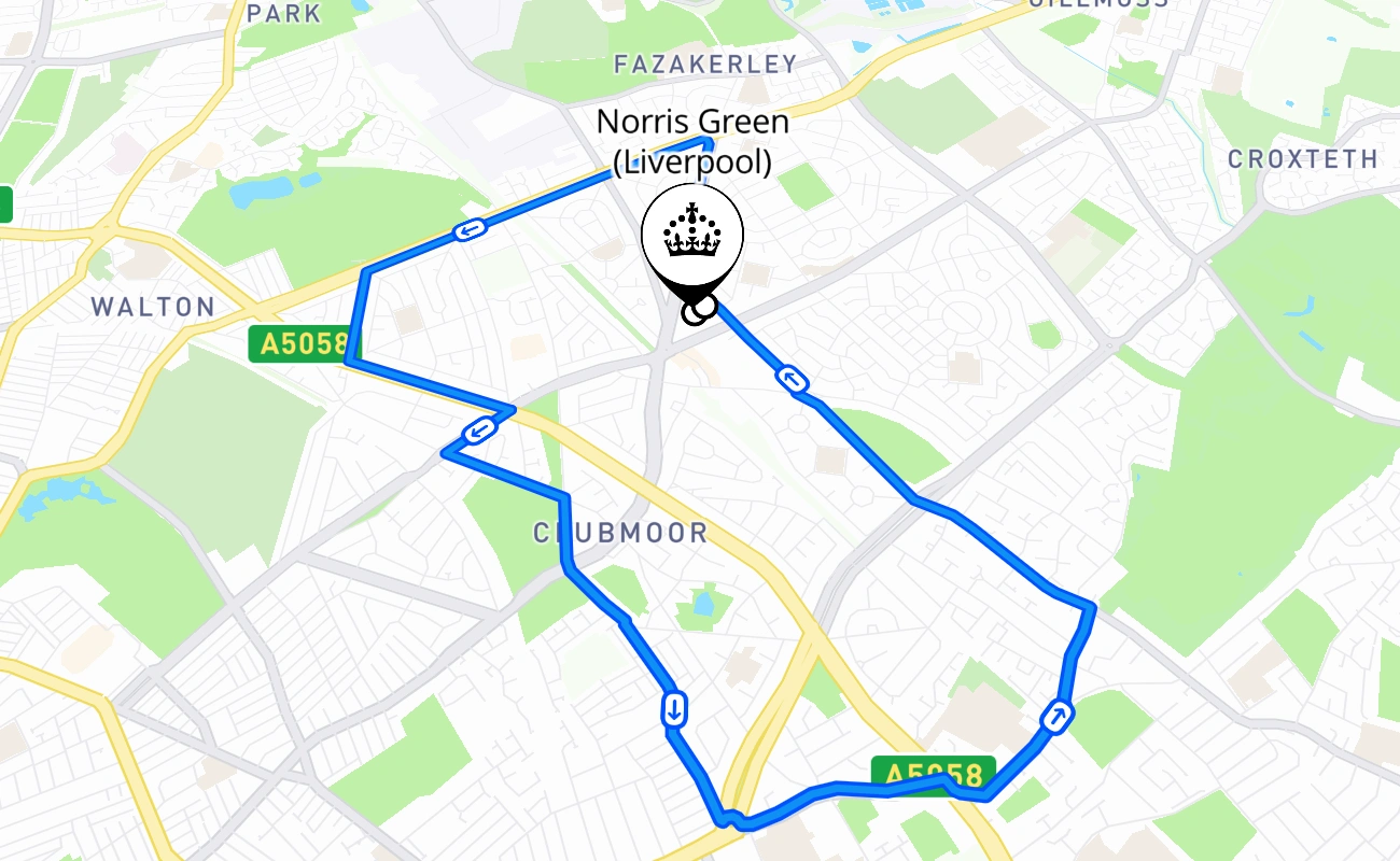 Norris Green (Liverpool) driving test route #987 map - ENG United Kingdom