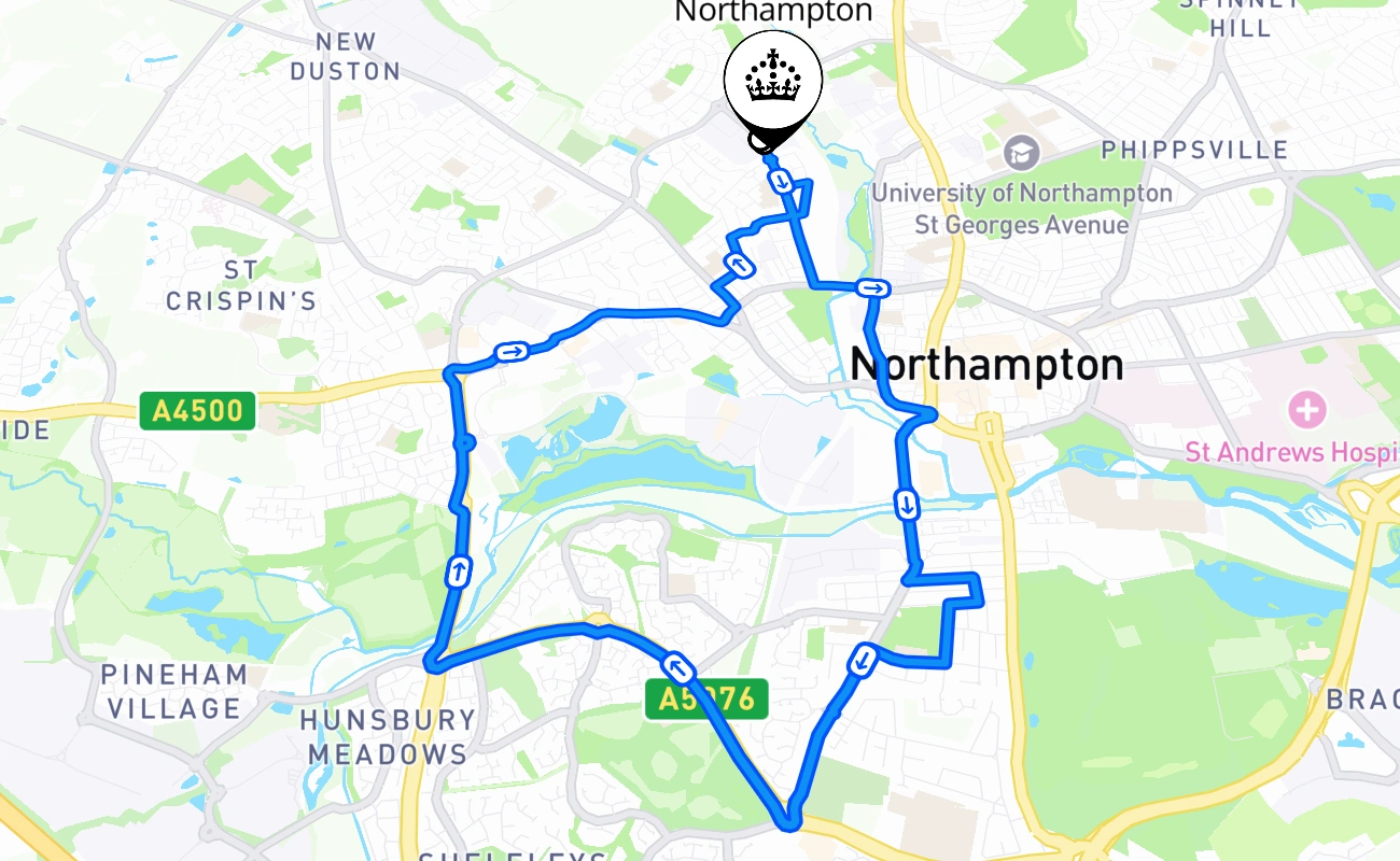 Northampton driving test route #1585 map - ENG United Kingdom