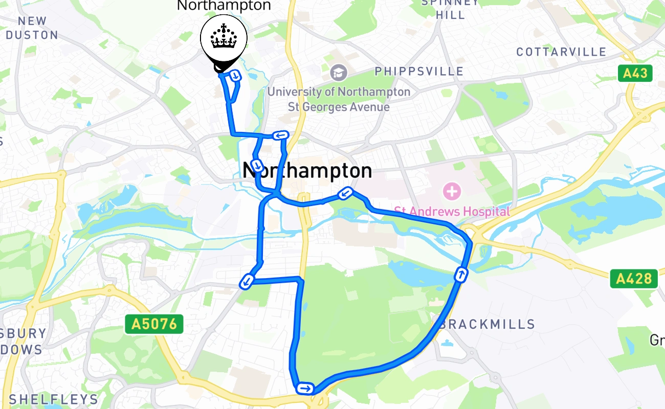 Northampton driving test route #1590 map - ENG United Kingdom