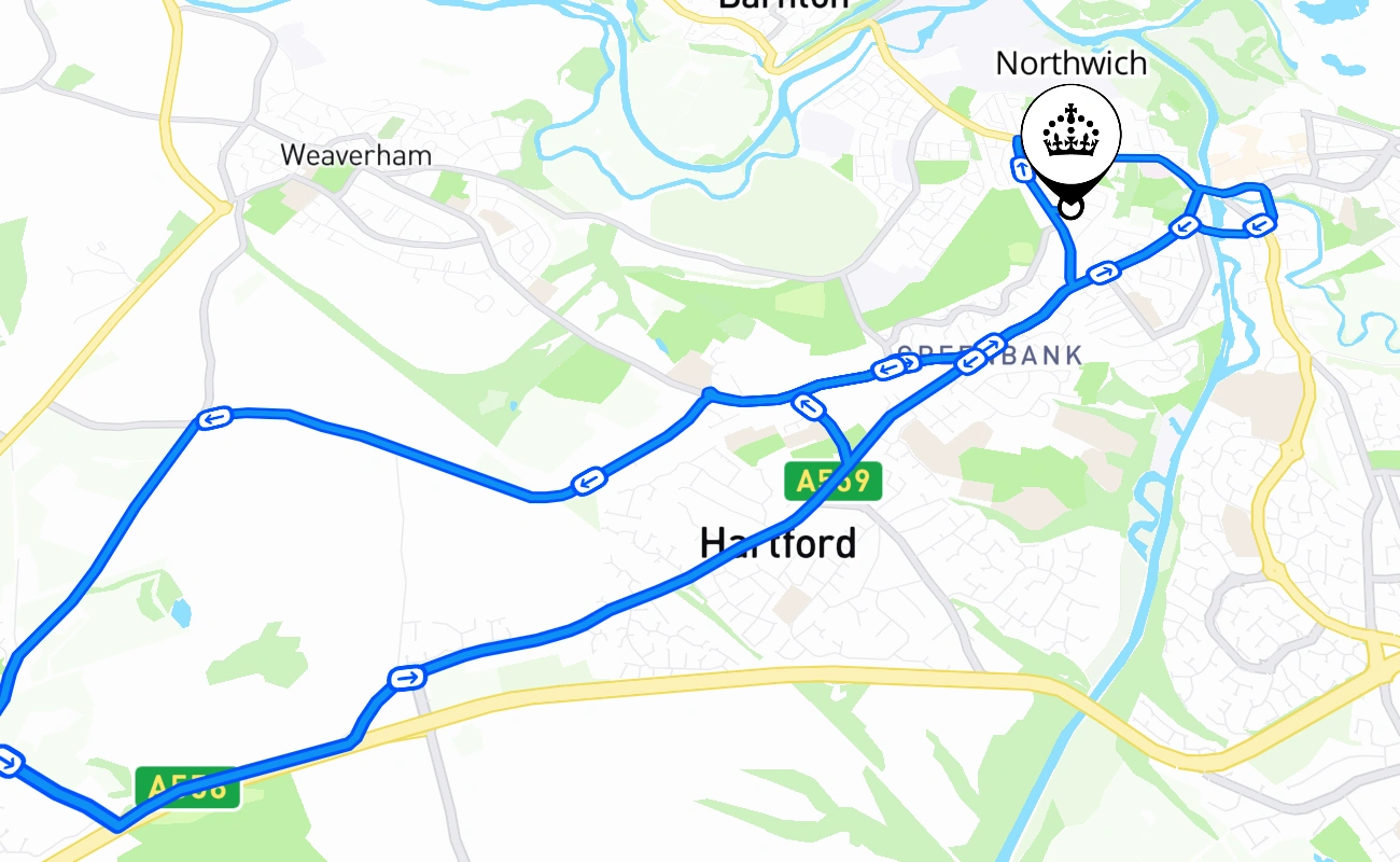 Northwich driving test route #1203 map - ENG United Kingdom