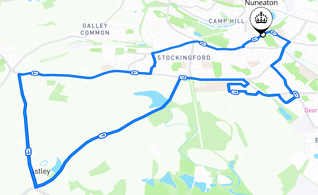 Nuneaton driving test route #2382 map - ENG United Kingdom