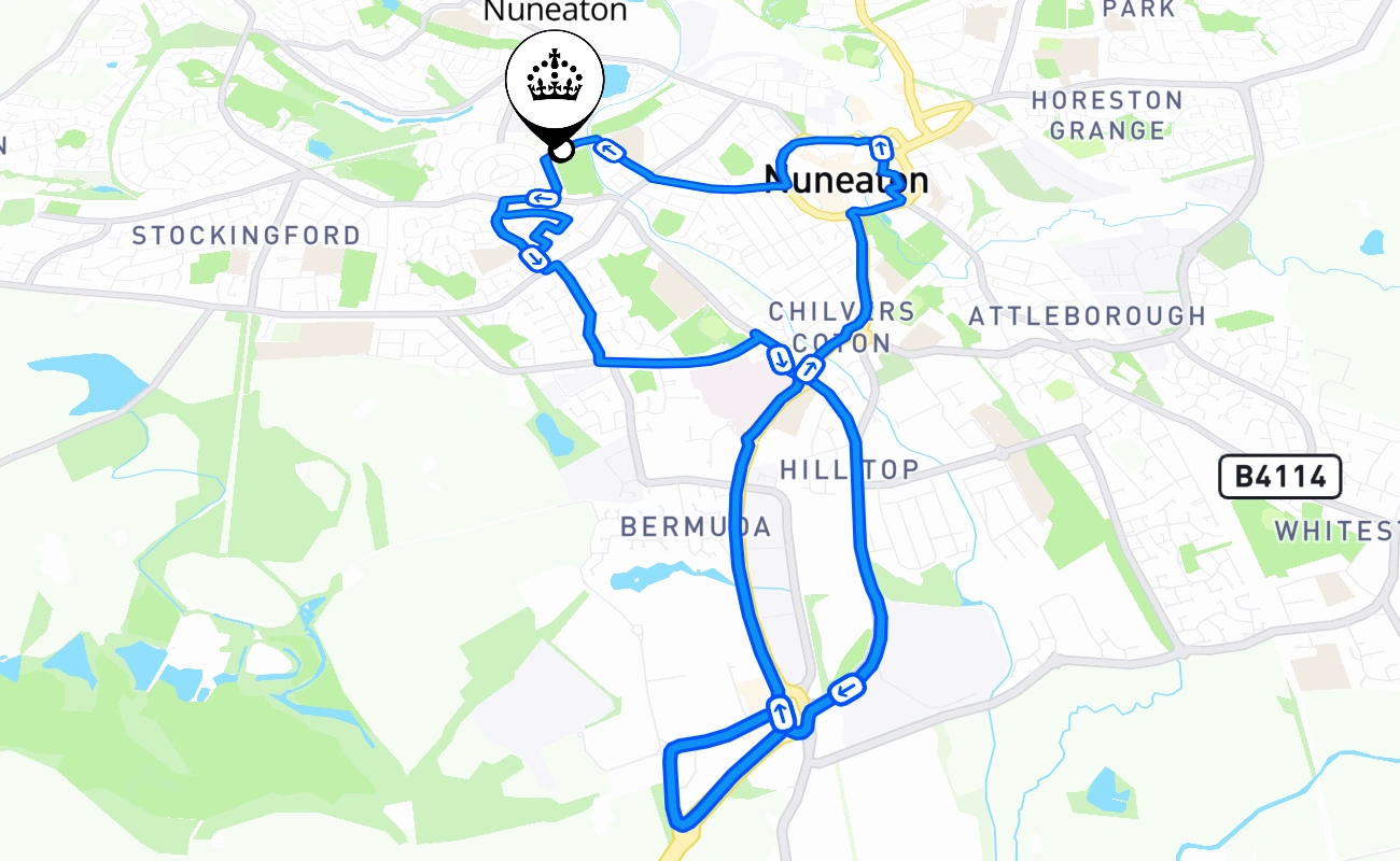 Nuneaton driving test route #2383 map - ENG United Kingdom