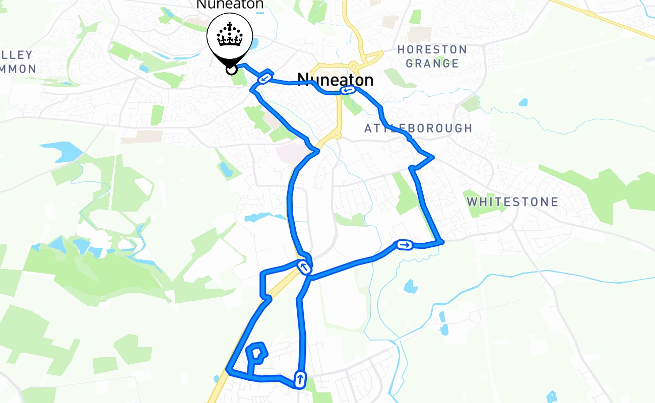 Nuneaton driving test route #2384 map - ENG United Kingdom