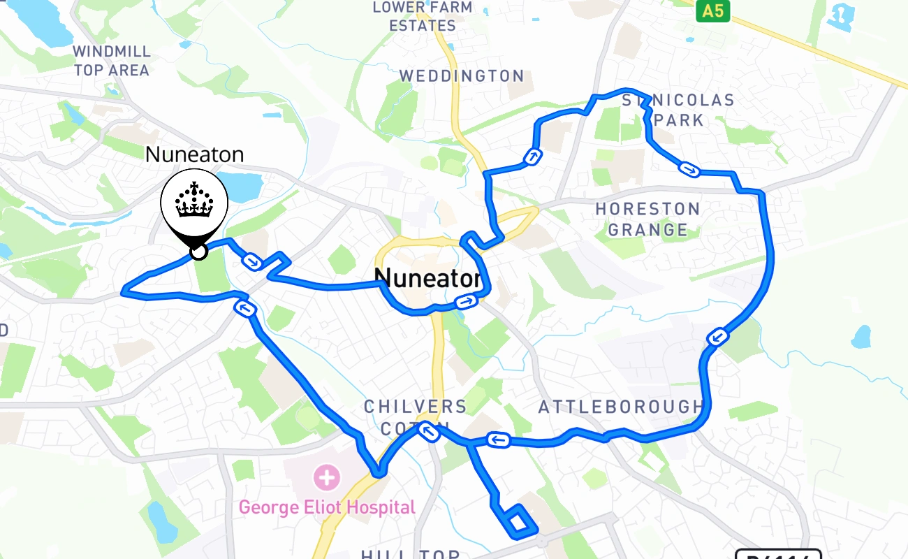Nuneaton driving test route #2385 map - ENG United Kingdom
