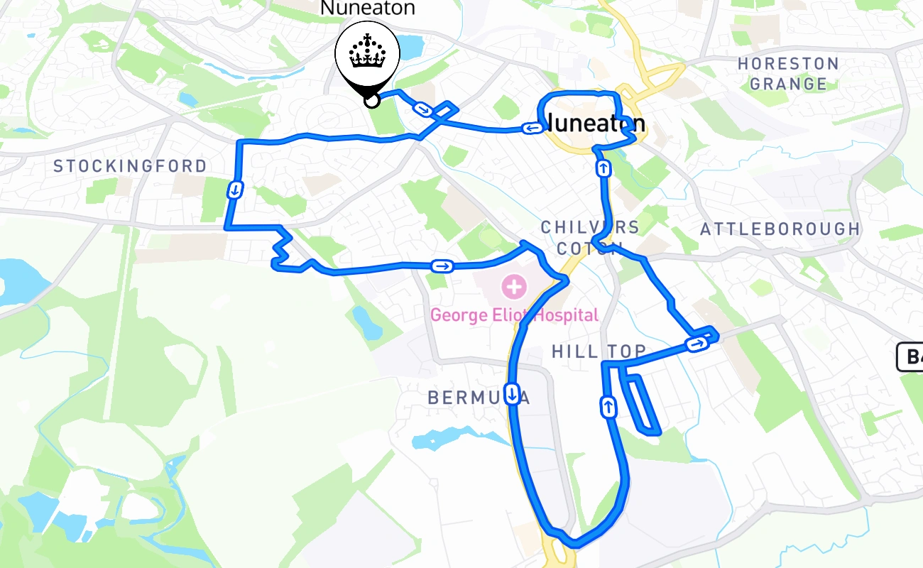 Nuneaton driving test route #2386 map - ENG United Kingdom