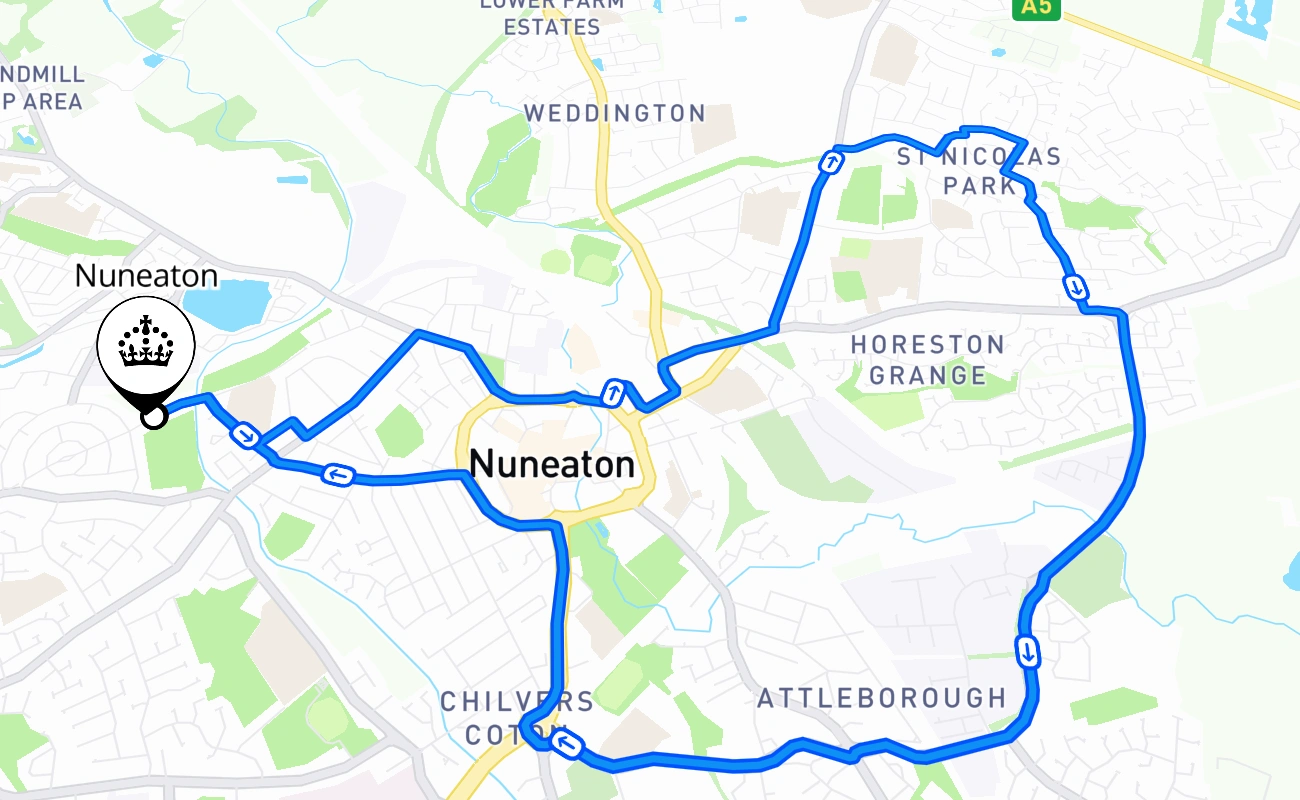 Nuneaton driving test route #2387 map - ENG United Kingdom