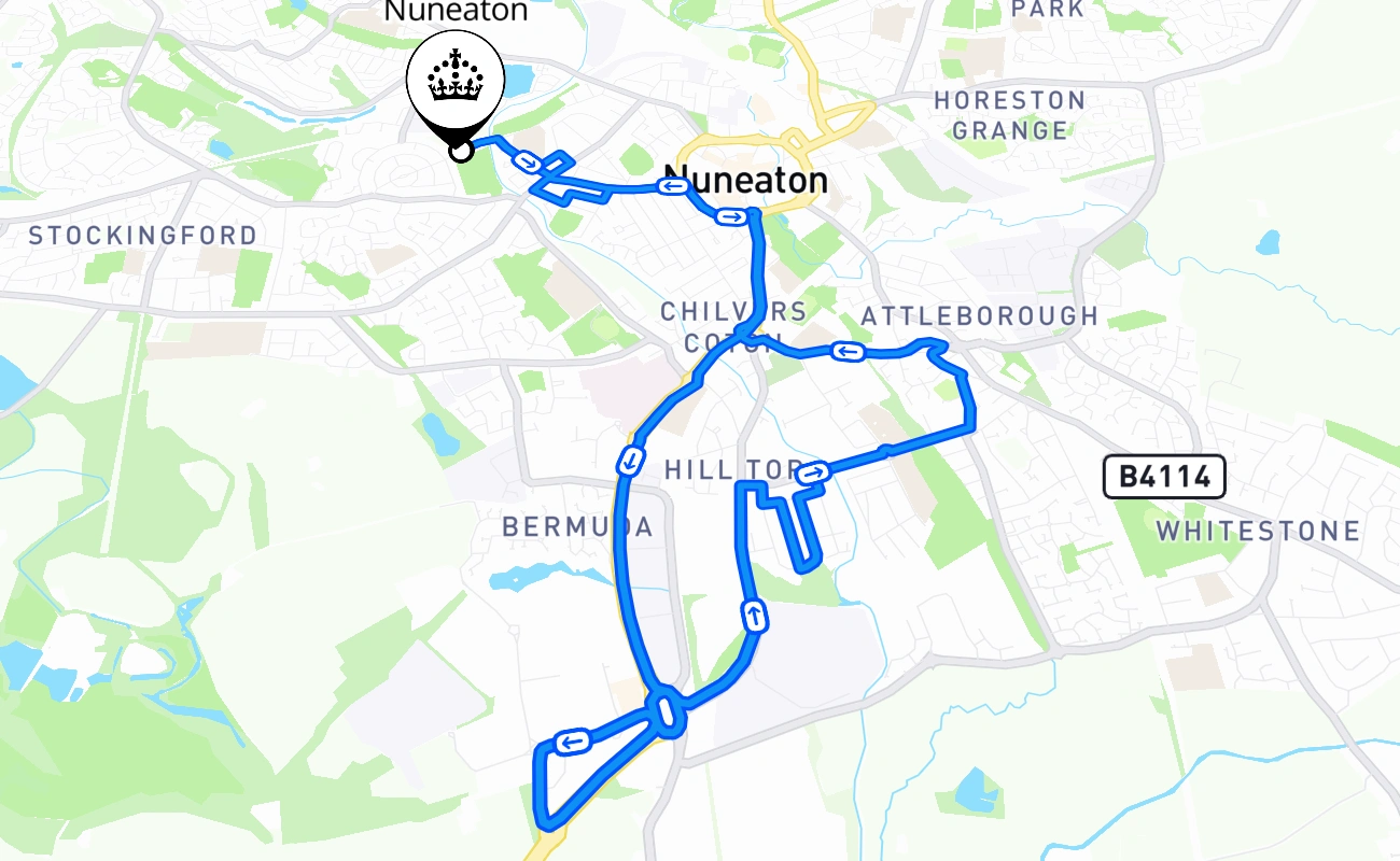 Nuneaton driving test route #2388 map - ENG United Kingdom