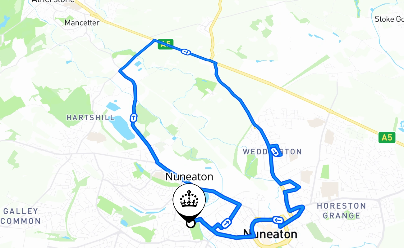 Nuneaton driving test route #2389 map - ENG United Kingdom