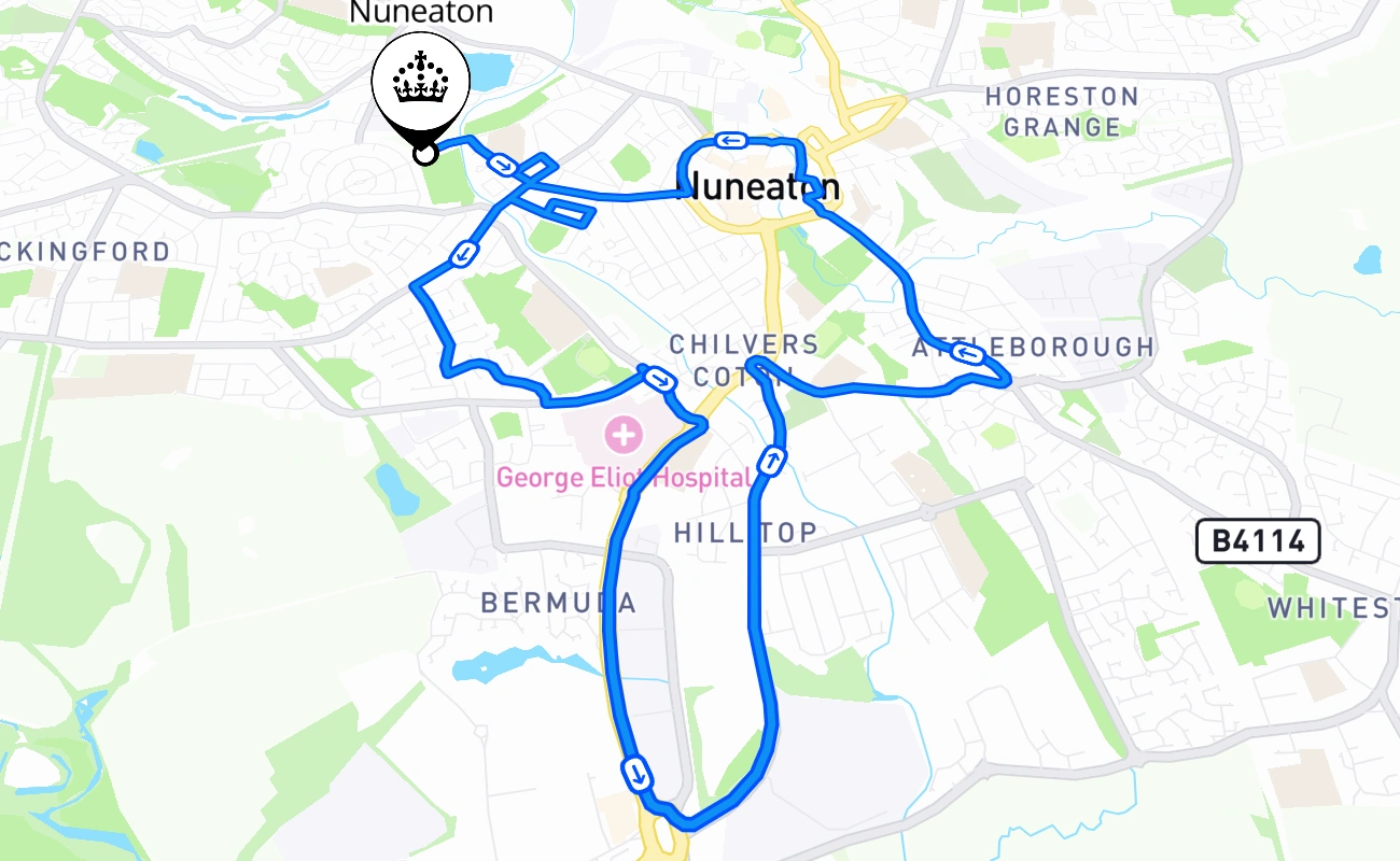 Nuneaton driving test route #2390 map - ENG United Kingdom
