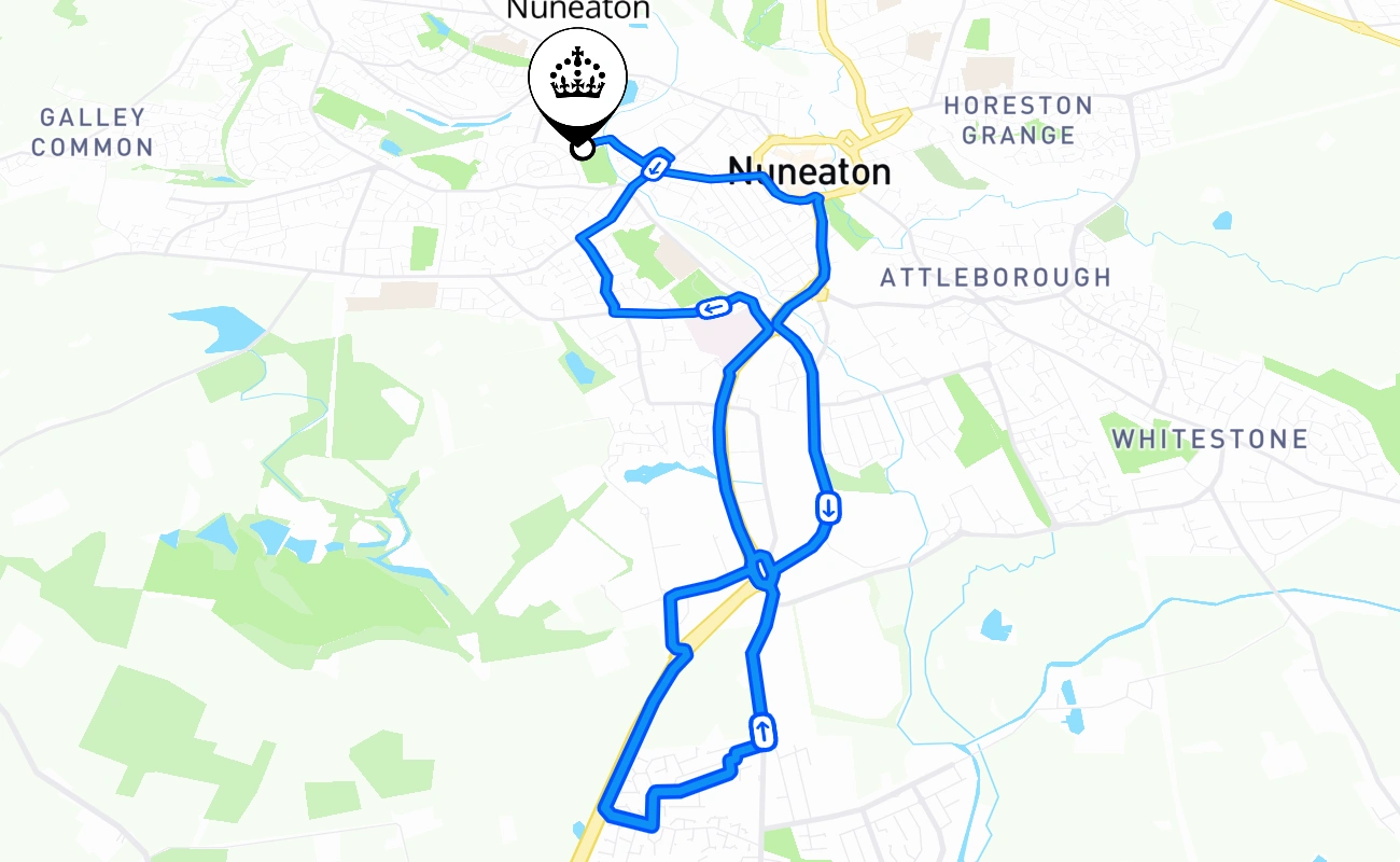 Nuneaton driving test route #2391 map - ENG United Kingdom