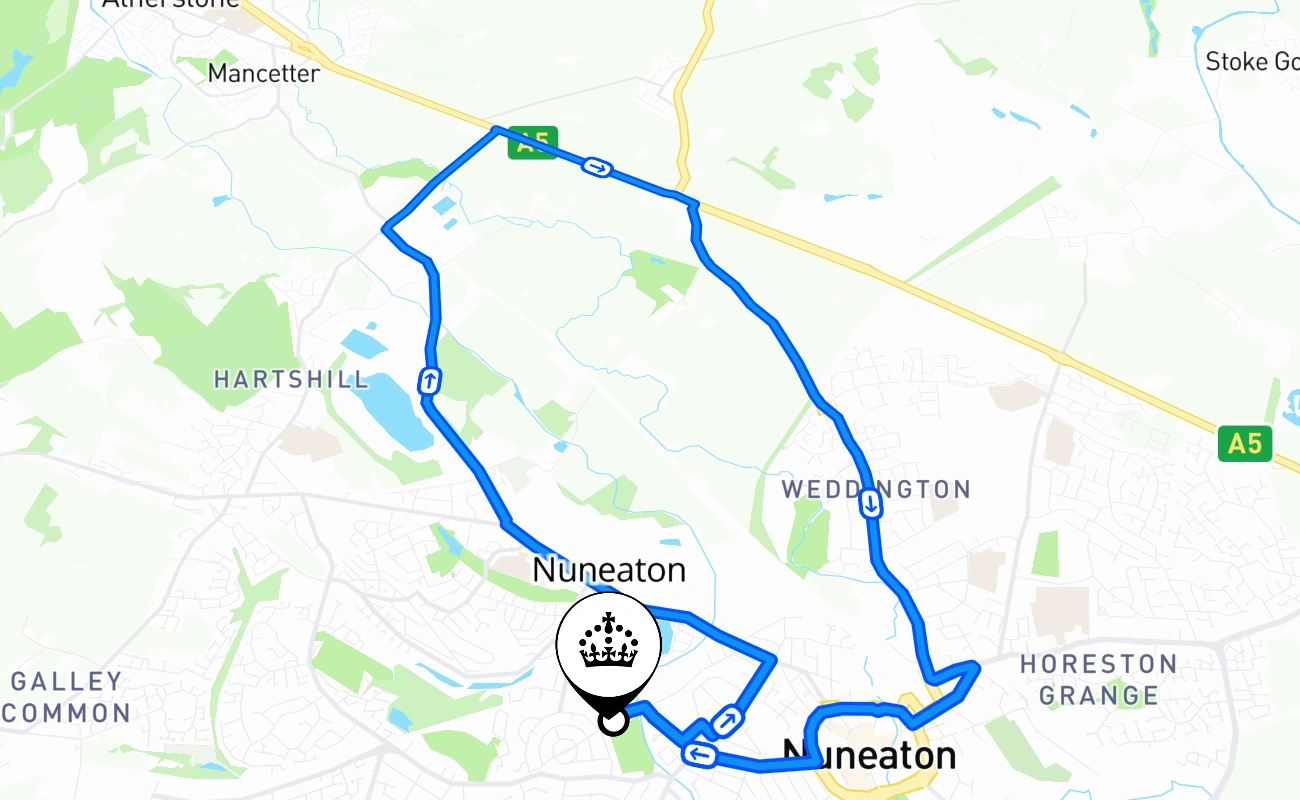 Nuneaton driving test route #2392 map - ENG United Kingdom