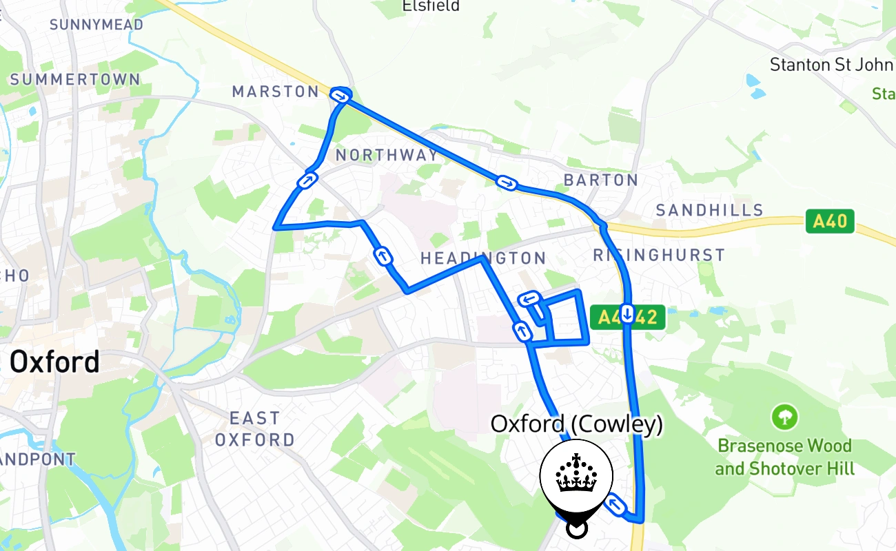 Oxford (Cowley) driving test route #1370 map - ENG United Kingdom