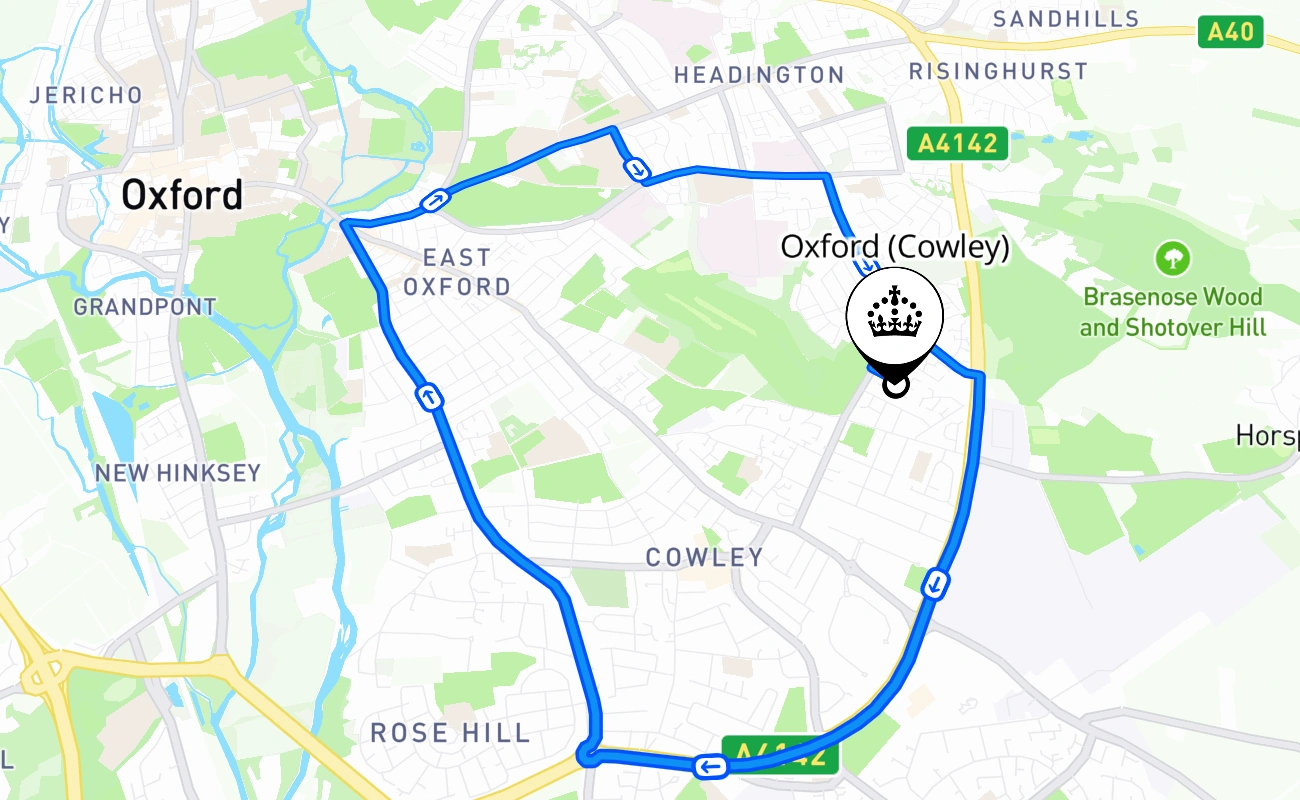 Oxford (Cowley) driving test route #1372 map - ENG United Kingdom